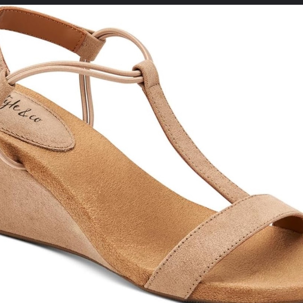 Style & Co. Tan Wedge Sandals with T-Strap Design